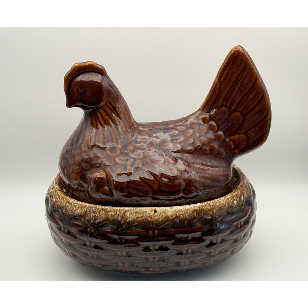 Hull Brown Drip Mirror Glaze Chicken Hen on Nest Casserole & Lid Vintage 8" EUC